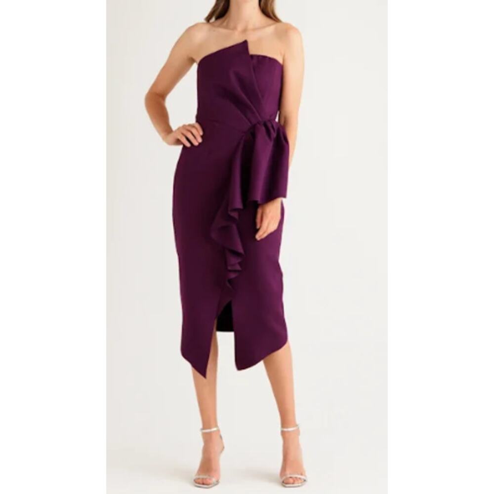 Elliatt Plum Purple Cascade Ruffle Strapless Cocktail Midi Dress Size Small